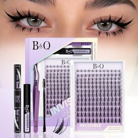 B&Q Fairy Pestañas Postizas Kit Completo Naturales Banda Invisible Racimos 144 pcs Extensiones de Pestañas Efecto Natural Adecuado para Principiantes b&q Lashes Fairy con Lash Bond and Seal（Kit-fairy）