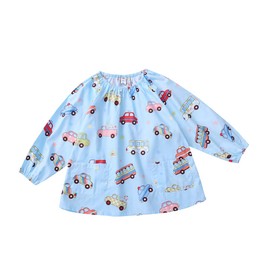m-ap008 Children's Long Sleeve Smock Apron, For Meals, Drawing, Gingham Checkered Pattern, Fully Wearable Type, With Pockets (120, Car)