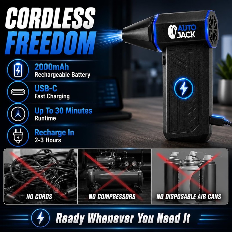 Autojack Compressed Air Duster, 130000RPM Super Power Cordless USB