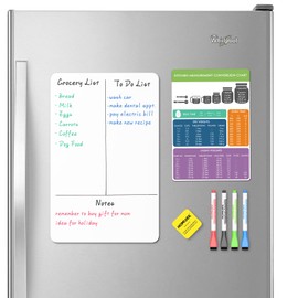 HOMiDEK Magnetic Dry Erase Board: Small Fridge Whiteboard, Flexible Refrigerator Magnet White Board, Blank Writing Note Sheet with Kitchen Conversion Chart Magnet, 4 Markers & Eraser - 12 x 8