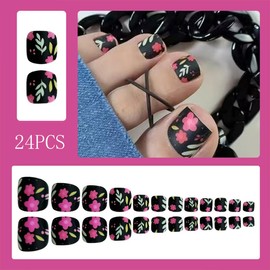 Black Matte Press on Acrylic Toenails Short Square Fake Toenails Spring Summer False Nails with Pink Flower Designs Cute Glue on Toenails Floral Stick on Toe Nails for Women Girls 24Pcs