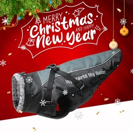 Reversible Waterproof Dog Coat with Removable Harness Design and Folded Fur Collar, No Pull, No Choking, Cuddly Clothes in Cold Weather for Large Dogs (6XL)