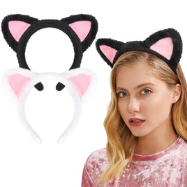 DRESHOW 2 Pack Cat Ears Headbands Furry Cat Ears Hairbands Washing Face Makeup Head Band with Cat Ears Cosplay Fashion Headband Hair Accessories for Teen Adults