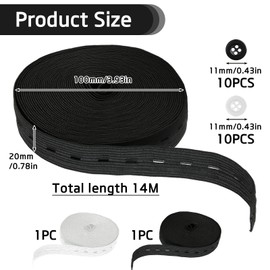 2 Rolls Elastic Sewing Tape Set with 20 Resin Buttons, 14 m (15 Yards) Elastic Band in Black and White for Trouser Skirt Headband, DIY Sewing and Creative Projects (Width 20 mm)