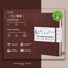 BEECHMORE BOOKS Blank Sheet Music Notebook – A4 8.5x11.5 for Songwriters, Musicians & Composers, 156 Thick 120gsm Pages, 10-Staff Perforated Sheets, Vegan Leather Hardcover, Elastic Closure, Gift Box