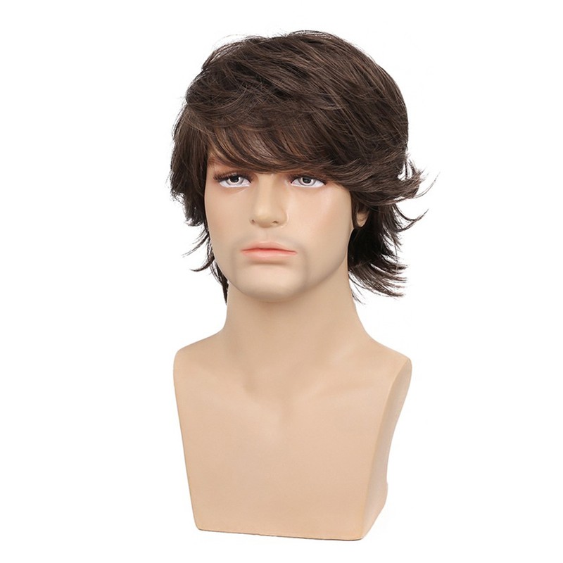 Mens Short Wig with Long Bangs Adjustable Brown Soft Simulation