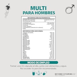Multi Vitaminas para Hombres | Vitaminas A B1 B2 B3 B5 B6 B7 B9 B12 C D3 E K1 Zinc Calcio Hierro Cobre Cromo Selenio Manganeso Tribulus Terrestris Jen