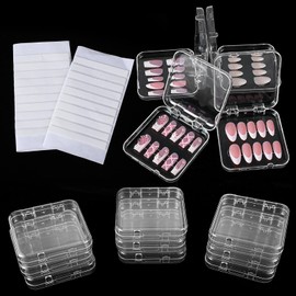 9Pcs Press on Nail Packaging Box Clear Plastic Press on Nail Case Storage Box with 30 Pcs Adhesive Double Sided Tape for Fake Nails Display Storage Case Nails Salon Supplies