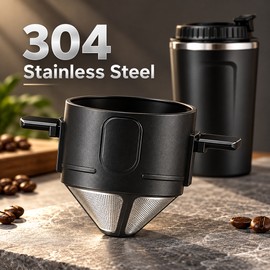 304 Stainless Steel Reusable Coffee Filter for Pour-Over Brewing – Portable Dripper Basket for Home, Office & Travel