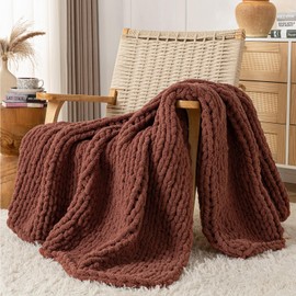 LAST MODA Chunky Knit Blanket Throw, 100% Hand Knit Throw Blanket Handmade Chenille Cable Knit Throw for Couch, Stylish Cozy Soft Rope Knot Crochet Blanket for Home Decor, Copper Brown, 50x60 Inches