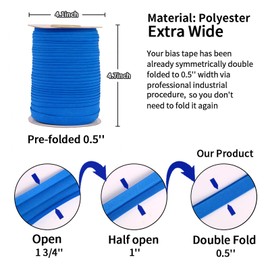 Bias Tape, Double Fold 1/2 inch Continuous Bulk Hem Tape for Sewing, Fabric Quilting, Seaming, Apparel Craft, Polyester, Non-Stretch(Blue, 13mm, 55 Yards)
