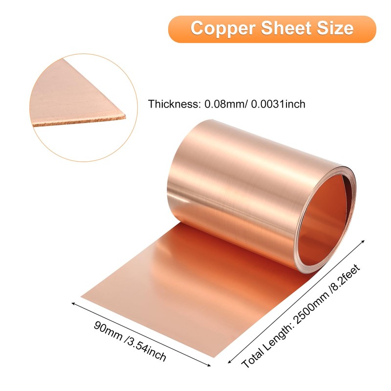 sourcing map Copper Sheet Roll 2500mm x 90mm x 0.08mm,