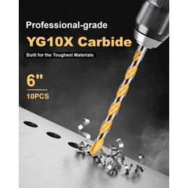 Faqeegi 10PCS 6-Inch Masonry Drill Bit Set, YG10X Carbide Tipped, Shockproof Hex Shank, Heavy-Duty for Concrete/Tile/Brick/Cement/Glass, 5/32"-1/2" Sizes
