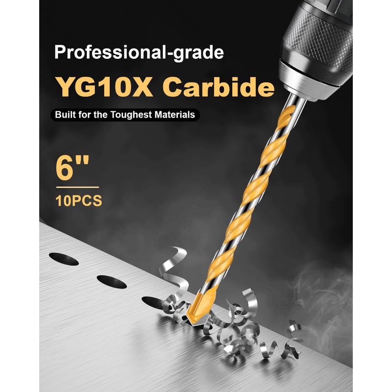 Faqeegi 10PCS 6-Inch Masonry Drill Bit Set, YG10X Carbide Tipped,