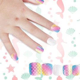 Kawyehu Kids Press on Nails Children Fake Nails Artificial Nail Tips Adhesive Full Cover Short False Fingernails for Girls Kids Nail Decoration (Mermaid Princess)