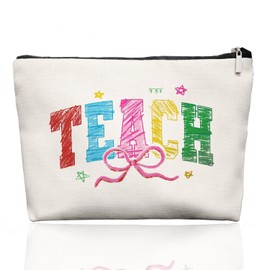 EKGJW Colorful Crayon Teach Makeup Bag, Teacher Gift for Women, Cute Rainbow Pencil Style Zip Pouch for Back to School, Preschool Teacher Appreciation Cosmetic Bag for Her