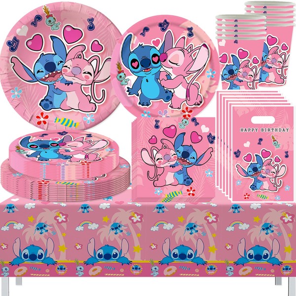 61 Pieces Stitch Tableware Set, Birthday Decorations Lilo and Stitch, Including: Napkins, Plate, Cup, Tablecloths, Gift Bag, for Children's Birthday Party Tableware Decorations