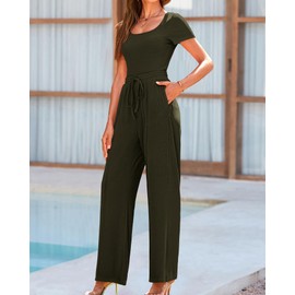 BTFBM Womens Casual 2 Pieces Outfits Dressy Square Neck Short Sleeve Bodysuit Drawstring Pants Knit Lounge Matching Sets(Army Green, Medium)