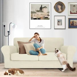 MAXIJIN 3 Piece Couch Covers for 2 Cushion Couch Sofa Cover, Stretch Loveseat Sofa Slipcovers for Sofas with 2 Large Cushions, Thick Dogs Pet Furniture Covers (71"-91", Beige)