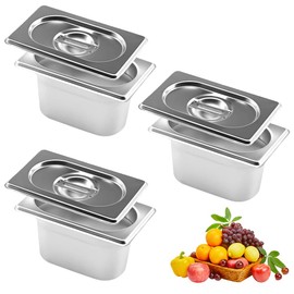 Occzin Breading Bowls Set of 3 Stainless Steel with Lid, GN 1/9 Container, 17.5 x 11 x 10 cm, Rectangular, Metal Gastro Container for Cutlets, Meat, Fish, Breading Road, Catering and Buffet