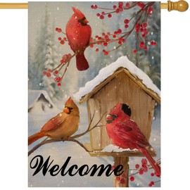 Artofy Welcome Winter Cardinals Red Birds Home Decorative House Flag, Birdhouse Berries Tree Garden Yard Outside Decor, Christmas Snow Farmhouse Outdoor Large Seasonal Decoration Double Sided 28x40