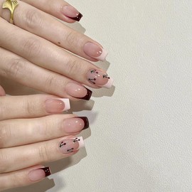 French Tips Press on Nails Medium Square Fake Nails With Cherry Design White Ombre Glue on Nails Black Gradient Stick on Nails Glossy Reusable False Nails for Women Girls Manicure 24pcs