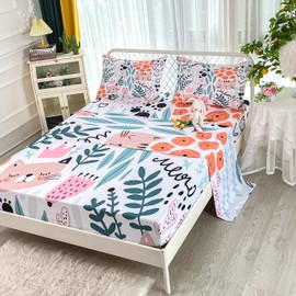 CVHOUSE Cat Fitted Sheet Queen Size,Cartoon Cat Bed Sheet Set for Kids Teens,Kawaii Bedding Set,1 Flat Sheet & 1 Fitted Sheet with 2 Pillow Cases - 4 Piece