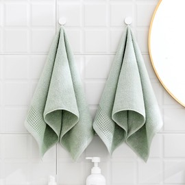 sense gnosis Terry & Waffle Weave Hand Towels Decorative Design Premium Cotton 2 PC Towel Set - Soft Absorbent Quick-Dry Spring Bathroom Hand Towel (13X 29 Inch, Green)