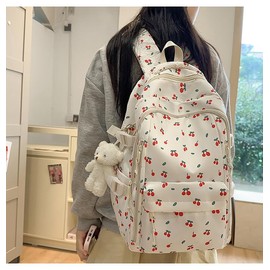 MININAI Cute Floral Printed Backpack for Women Preppy Kawaii Aesthetic Laptop Bookbag Coquette Work Travel College Daypack (Cherry)
