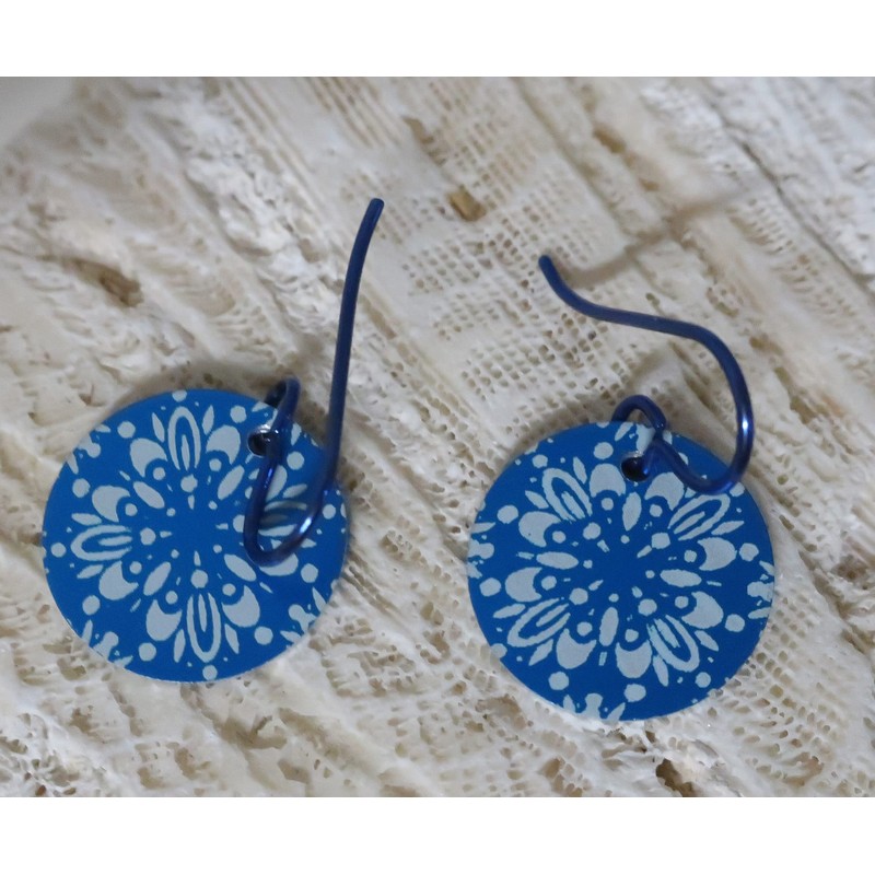 Lightweight Anodized Blue Floral Aluminum Disc Niobium Dangle Earrings