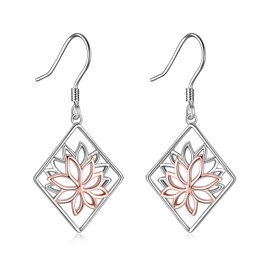 Lotus Earrings Silver 925 Lotus Flower Filigree Earrings Hanging Yoga Lotus Jewellery Gifts for Women and Girls, Sterling Silver, No Gemstone