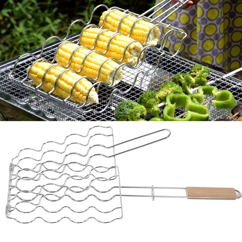 Corn Grilling Basket Stainless Steel Beech Wood Handle Even Heat