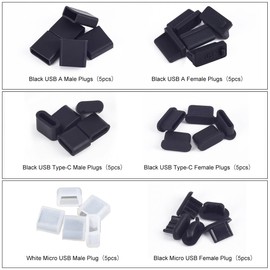 USB Cover Port Plug Caps - 30PCS 6 Type Silicone Anti Dust Cover USB Port Protection Stopper for USB Type-C, Micro USB, USB A Female and Male Ports with Cleaning Brush Kit