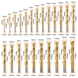 HARFINGTON 23pcs Brad Point Drill Bit Set 1.5mm-12.5mm Dia Straight Round Shank Drill Metric Brad Point Spiral Twist Drill Bits for Carpenter Woodworking Plastic Rubber, Golden 23in1 Set