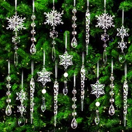 18pcs Crystal Christmas Tree Ornaments, Hanging Acrylic Snowflake Icicle Ornaments with Drop Pendants for Winter Holiday Decorations