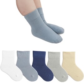 Exegawe Toddler Crew Socks - 5 Pairs Baby Cotton Solid Socks Kids Neutral Socks for Boys Girls(Blue Set,XS/0-6m)