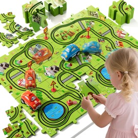 BLmukce 48-Piece Puzzle Race Car Track Set for Toddlers 1-3 | City-Themed Tracks, 2 Cars & Road Signs | Puzzle Car Tracks Toddler Toy Gifts for 2 3 4 5 6 Year Old Boys & Girls