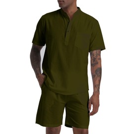 SIENDIU Men's Cotton Linen Set Henley Shirts Shorts outfits 2 Piece Beach Clothes Vacation Matching Suit Summer Wear
