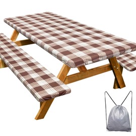 Picnic Table Cover with Bench Covers 6FT 3 Pcs Waterproof Windproof Aesthetic Camping Tablecloth with Drawstring Bag, Fitted for 6 Foot Rectangle Tables and Seats, 72 inch, Brown Checkered