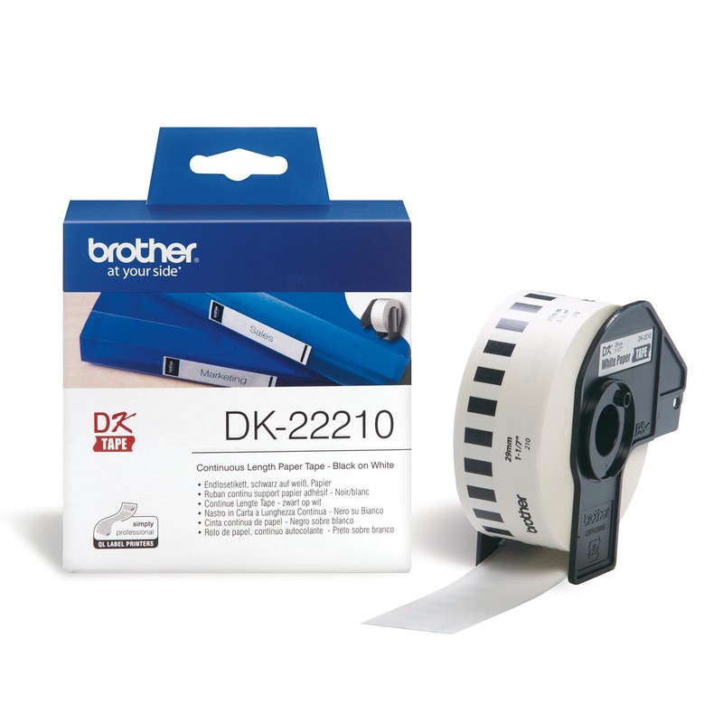 Brother DK-22210 Label Roll, Continuous Length Paper, Black on White,