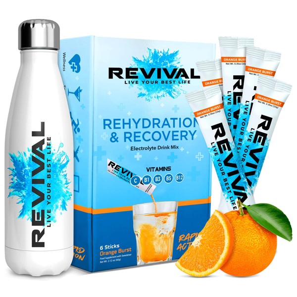 Revival Rapid Rehydration Starter Pack - 500 ml Steel Water Bottle with 1 x 6 Packs Electrolytes Powder Sachets - Orange Burst