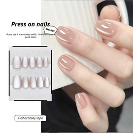 Cat Eye Press on Nails Short Square Fake Nails Pure Glossy Acrylic Glue on Nails Permeable Light Gel Nail Strips Full Cover Reusable Artificial Stick on Nails for Women 24 Pcs