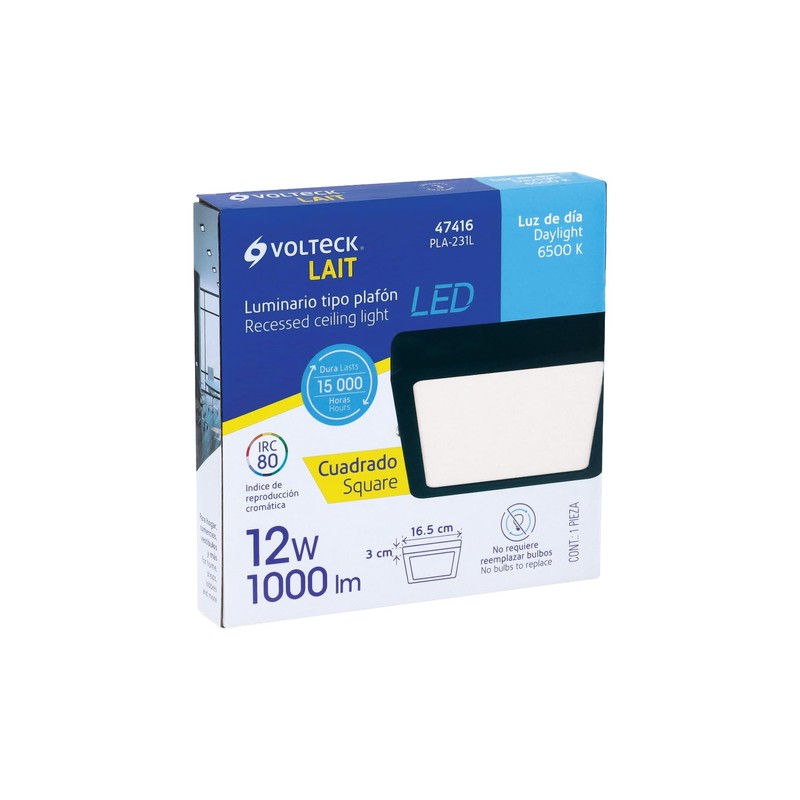 Volteck PLA-231L, Luminario LED tipo plafón 12 W, cuadrado, luz