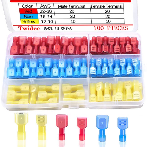 Twidec/100PCS Nylon Spade Connectors Kit 22-10 Gauge Quick Disconnect Fully Insulated Male and Female Wire Spade Terminal Assortment Kit N-004