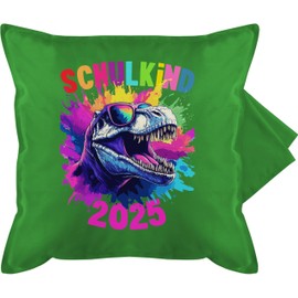 Kissenbezug - Deko Kissen - Schulkind 2025 T-Rex Dino Einschulung Geschenk Dinosaurier Schulstart I Einschulungsgeschenk T Rex Schulbeginn Geschenke 1. Schultag I Schulanfang - 50 x 50 cm - Grün
