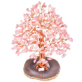 Rockcloud Natural Rose Quartz Crystal Tree Stones Chips Money Tree with Agate Slice Base Home Decoration for Wealth and Luck, 5-6 inches