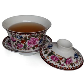 Yxhupot Gaiwan Chinese 6.8oz 10oz Sancai Painted Peony Tureen Tray Cup Bowl Saucer Lid (10oz/300ml)
