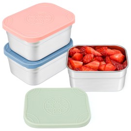 Caperci 3-Pack Stainless Steel Snack Containers with Silicone Lids - 10oz Reusable Small Food Storage Containers for Snacks & Deli Foods, Leak-Proof, Easy Open & BPA-Free (290ML)