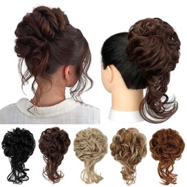 Messy Bun Hair Piece Tousled Updo Hair Extension with Elastic Rubber Band Synthetic Curly Wavy Hair Bun Scrunchie for Women Girls, Medium Brown 1.2oz