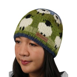 Pachamama Women Wool Beanie Hat Fleece Lined Handknitted Cute Sheep Design Multicoloured One Size Handmade Extra Warm Fair Trade